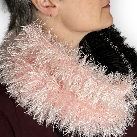 Handmade Women's Hand Knit Pink & Black Fuzzy Faux Fur Yarn Cowl, Neck Warmer - Picture 6 of 11